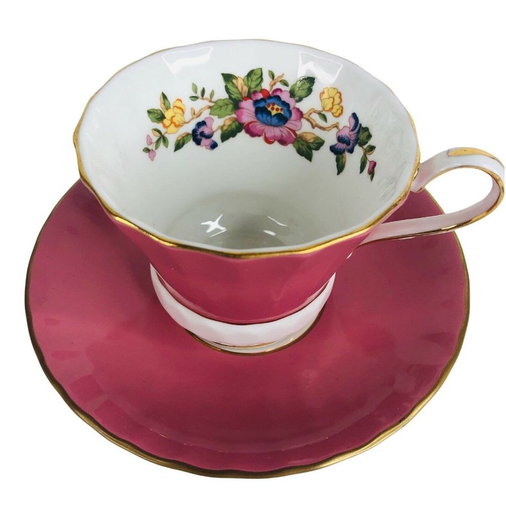 Aynsley Tea Cup & Saucer #2970 Pink Floral Bone China Footed Gold England VTG